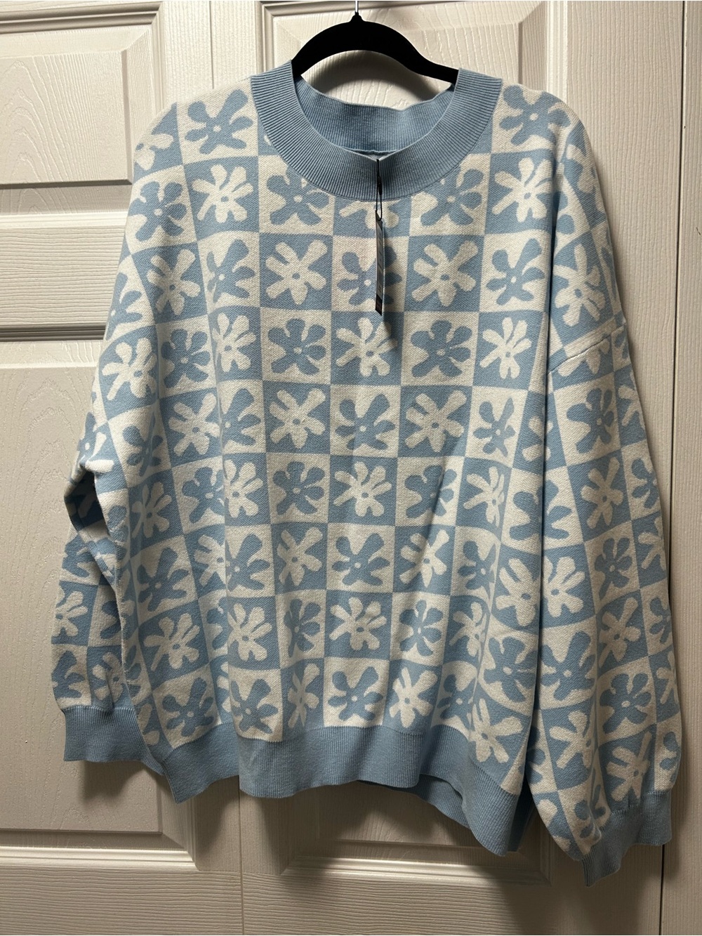 Smash + Tess Light Blue and White Floral Checker Crew Sweater